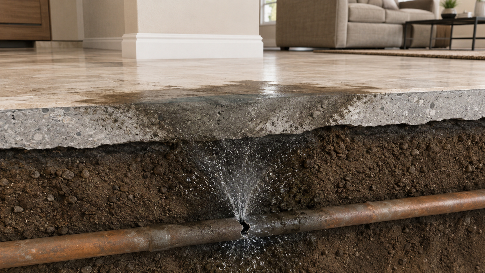 Cross section of a slab leak under concrete floor showing water spraying from a broken pipe and wet spot on the floor