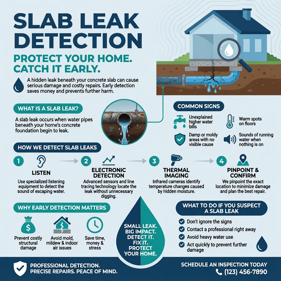 Slab Leak Detection Infographic - Protect Your Home. Catch It Early. Common signs, detection methods including listen, electronic, thermal imaging, and what to do if you suspect a slab leak
