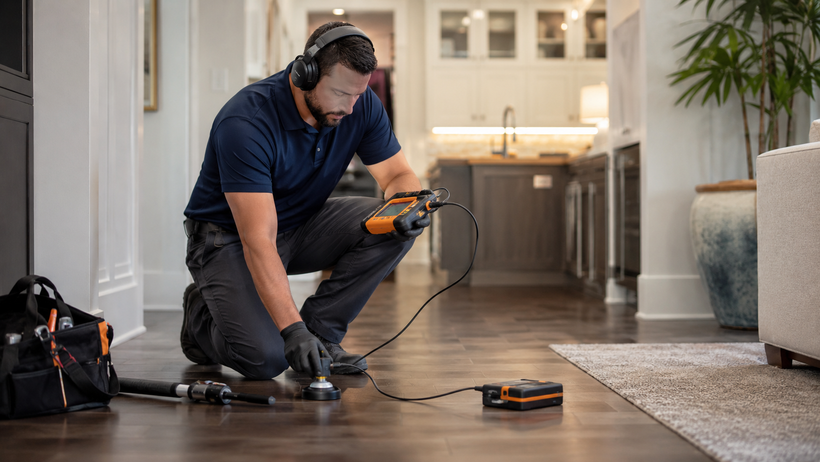 Professional technician using advanced acoustic leak detection equipment on a Fort Worth home floor